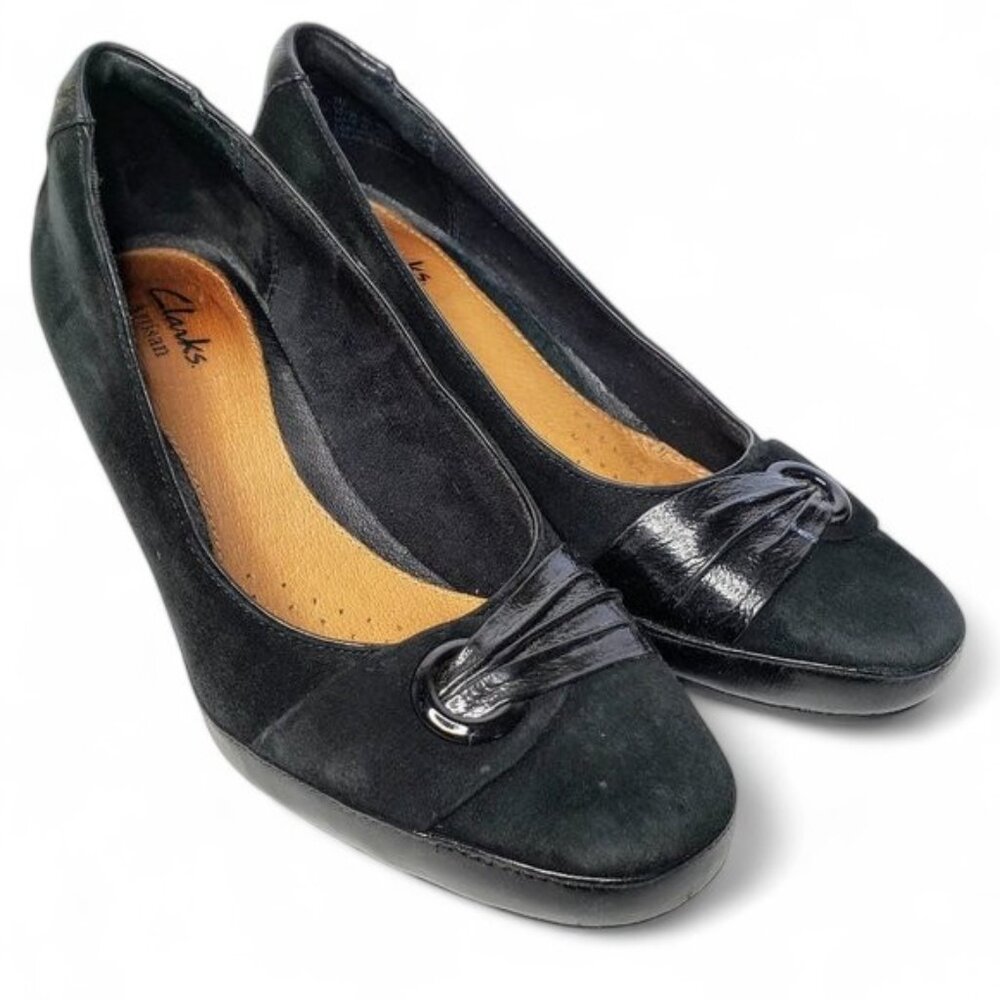 Clarks Artisan Black Suede Leather Heels Women's Chunky Patent Ribbon‎ Accent 7